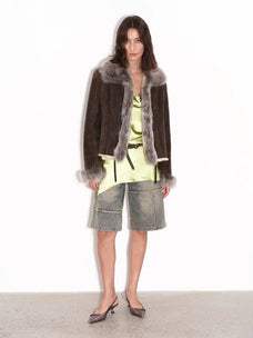 Florence dark brown shearling fox fur coat styled outfit, full-length front view