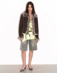 Florence dark brown shearling fox fur coat styled outfit, full-length front view
