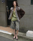 Florence dark brown Merino shearling fox fur coat outdoor styling view