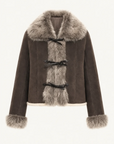 Florence dark brown Merino shearling coat with fox fur collar product cutout
