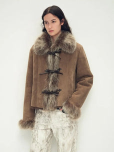 Florence macchiato Merino shearling coat, three-quarter styling view