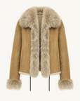 Florence yellow-green Merino shearling coat with long fox fur trim product cutout