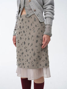 "Flowers and Her" irregular hand - embroidered sequin skirt - variant_title