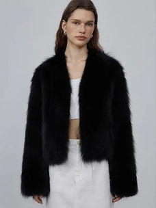 Model wearing Free Spirit Black short fox fur and leather coat