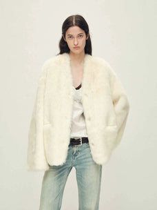 Freezing Point Rum classic white Italian Toscana shearling coat, front styling view