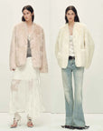Freezing Point Rum dirty pink and classic white Toscana shearling coat comparison