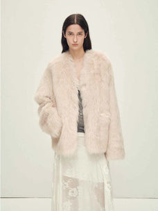 Freezing Point Rum dirty pink Italian Toscana shearling coat, front styling view