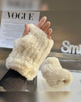 Creamy white rex rabbit fur fingerless gloves worn on hand - Fireladyfur