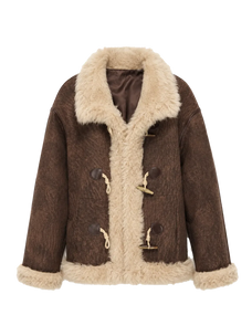 Galaxy Gala fog brown Merino shearling coat with curly Toca shawl collar, front product view
