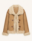 Galaxy Gala tortoiseshell yellow Merino shearling coat with curly Toca shawl collar, front product view