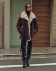 Firelady Fur Glacier Traveler dark brown Toscana shearling parka outdoor full-body view