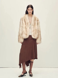 Gone with the Wind Apricot Brown fox fur jacket, full-length model view