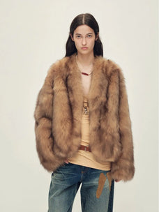 Model wearing Gone with the Wind Raw Coffee fox fur coat, front view