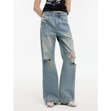 "Gray and Denim" stylish and personalized Turkish washed retro distressed holes straight flared jeans - variant_title