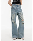 "Gray and Denim" stylish and personalized Turkish washed retro distressed holes straight flared jeans - variant_title