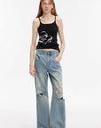 "Gray and Denim" stylish and personalized Turkish washed retro distressed holes straight flared jeans - variant_title