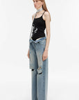 "Gray and Denim" stylish and personalized Turkish washed retro distressed holes straight flared jeans - variant_title