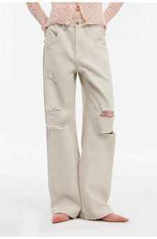 "Gray and Denim" stylish and personalized Turkish washed retro distressed holes straight flared jeans - variant_title