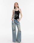 "Gray and Denim" stylish and personalized Turkish washed retro distressed holes straight flared jeans - variant_title
