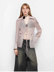 "Hazy Moonlight" light purple silk chiffon shirt worn front