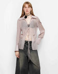 "Hazy Moonlight" light purple silk chiffon shirt worn front