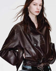 Firelady Fur Women's Waxed Sheepskin Biker Double-Breasted Funnel Neck leather jacket - Belted Heartbeat Radio