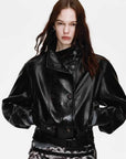 Firelady Fur Women's Waxed Sheepskin Biker Double-Breasted Funnel Neck leather jacket - Belted Heartbeat Radio