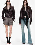 Firelady Fur Women's Waxed Sheepskin Biker Double-Breasted Funnel Neck leather jacket - Belted Heartbeat Radio