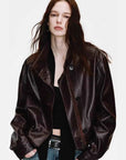 Firelady Fur Women's Waxed Sheepskin Biker Double-Breasted Funnel Neck leather jacket - Belted Heartbeat Radio