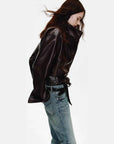 Firelady Fur Women's Waxed Sheepskin Biker Double-Breasted Funnel Neck leather jacket - Belted Heartbeat Radio