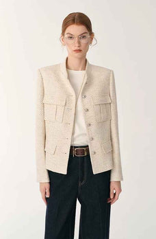 Heavy wool blend tweed stand collar waist cropped coat - variant_title