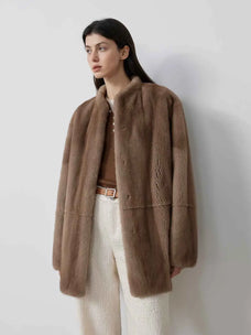 Hera Moonlight Pastel mink coat on model, front view