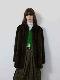 Hera Moonlight Dark Gray Green mink coat on model, front view