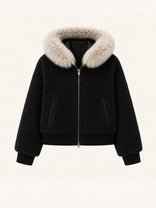 Hokkaido Melody black short hooded Merino shearling jacket, front product view