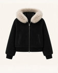 Hokkaido Melody black short hooded Merino shearling jacket, front product view