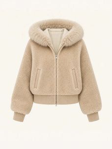 Hokkaido Melody camel short hooded Merino shearling jacket, front product view