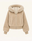 Hokkaido Melody camel short hooded Merino shearling jacket, front product view