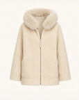 Hokkaido Melody off-white long hooded Merino shearling coat, front product view