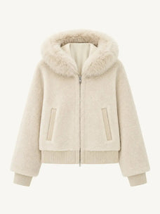 Hokkaido Melody off-white short hooded Merino shearling jacket, front product view