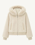 Hokkaido Melody off-white short hooded Merino shearling jacket, front product view