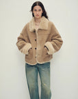 Holiday Bazaar contrast-collar shearling coat with shaved leather trim product image 09