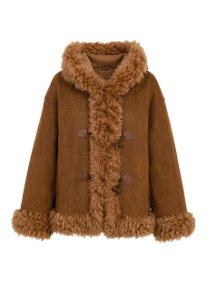 Camel hooded Merino shearling jacket, front product view