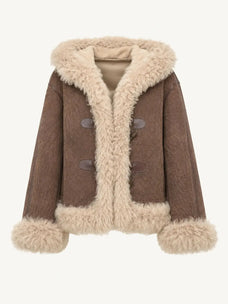Fog brown hooded Merino shearling jacket, front product view