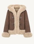 Fog brown hooded Merino shearling jacket, front product view