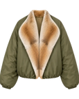 Fireladyfur Hull Contract Army Green short parka with sable muskrat fur collar front cutout