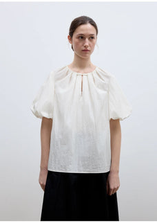 "Iceland Diary" neckline pleated design round neck tie puff sleeve short sleeve shirt for women - variant_title