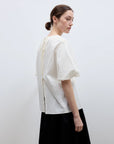 "Iceland Diary" neckline pleated design round neck tie puff sleeve short sleeve shirt for women - variant_title