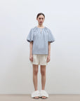 "Iceland Diary" neckline pleated design round neck tie puff sleeve short sleeve shirt for women - variant_title