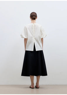 "Iceland Diary" neckline pleated design round neck tie puff sleeve short sleeve shirt for women - variant_title