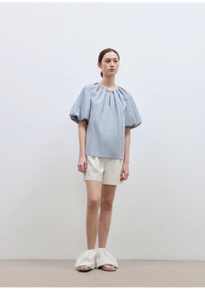"Iceland Diary" neckline pleated design round neck tie puff sleeve short sleeve shirt for women - variant_title
